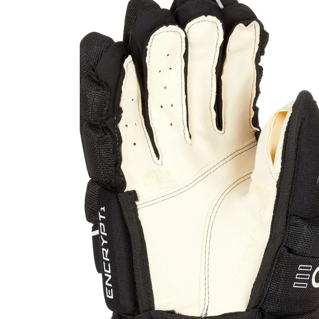 Palm view of Sherwood Code Encrypt 1 Senior Hockey Gloves featuring Ax Suede palm