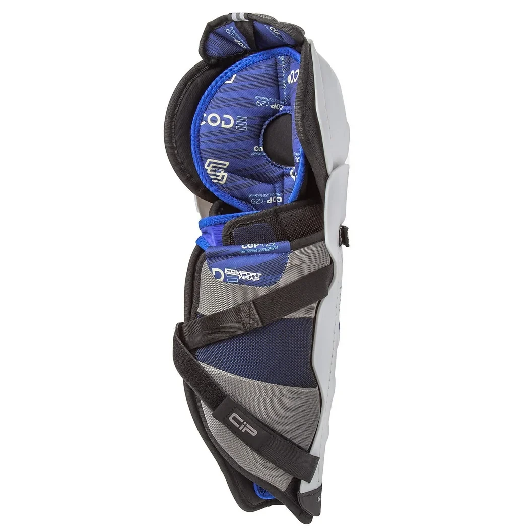 Side profile of Sherwood Code TMP 2 Senior Hockey Shin Guards showing adjustable calf strap