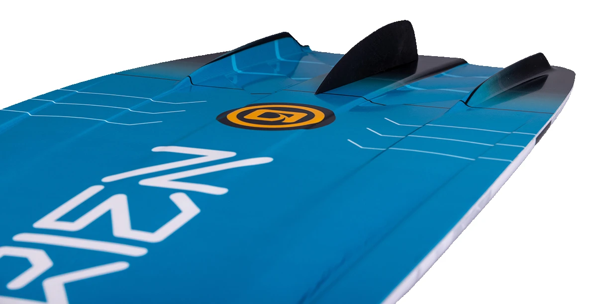 Close-up of molded-in fins and flared channels on the 2027 O’Brien Tonic wakeboard