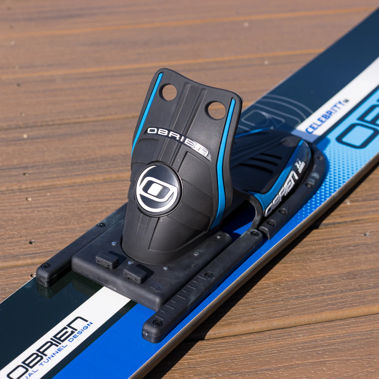 Top view of O’Brien Celebrity blue adult waterski showing the X-7 binding and ski profile