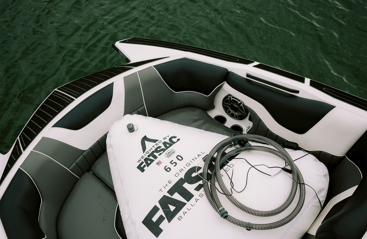 FatSac W706 open bow ballast bag installed in boat with SUPA pump