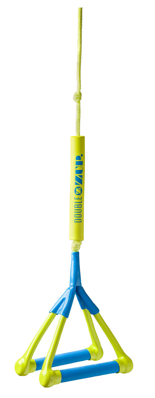 DoubleZUP Handle & Rope, ZUP Board tow rope, tow hook handle, ZUP water sports handle, double-handle tow rope, flexible riding rope, ZUP accessories, kneeling to standing transition handle, safe tow rope for ZUP, water sports rope with safety handle.