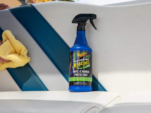 Meguiars marine vinyl and rubber protectant spray on boat seating