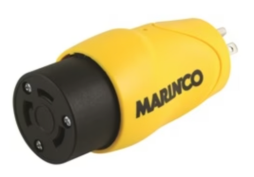 MARINCO straight adapter, 15A to 30A adapter, 30A 125V adapter, male to female adapter, boat power adapter, RV power adapter, 125V adapter, 15A plug to 30A connector, electrical adapter for boat, electrical adapter for RV, power supply conversion, indoor power connection adapter