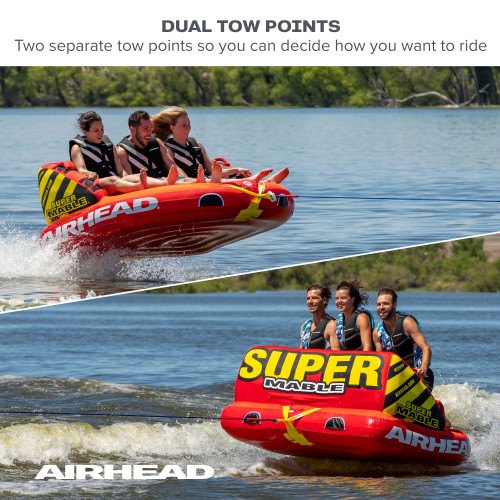 Airhead Super Mable 3-Rider Towable Tube on lake with three riders