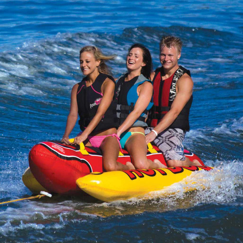 Airhead Hot Dog 3 towable, 3-person inflatable tube, hot dog towable tube, best towable tubes for boats, durable inflatable water tube, Airhead tube for boating, Kwik-Connect towable, family-friendly towable tube, Boater’s Outlet