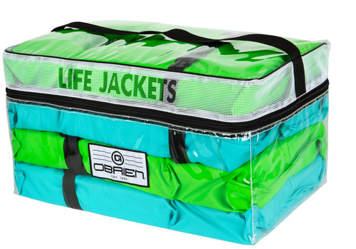 O'Brien life jackets, 4-pack life jackets, universal life jackets, adult life jackets, Type II life jackets, U.S. Coast Guard approved life jackets, boating life jackets, water safety gear, easy entry life jackets, life jackets with carry bag, vented storage case, adult universal life jackets, convenient life jackets, safe life jackets for adults, water sports safety