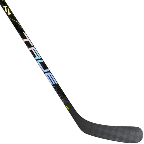 Close-up of True Catalyst 9X3 hockey stick shaft with spread tow carbon design