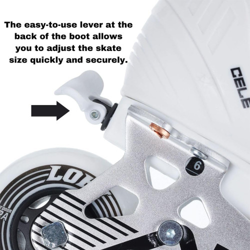 Alkali Cele youth adjustable skate sizing dial and size markings
