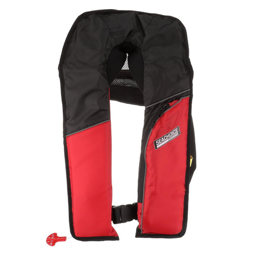Seachoice red and black inflatable PFD front view showing manual pull handle and buckle strap