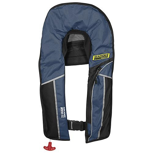 Seachoice 85863 inflatable PFD blue front view showing low-profile design and nylon belt closure