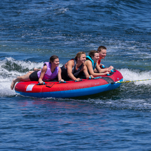 O'Brien X-Scream 4 person deck boat tube inflated on the water