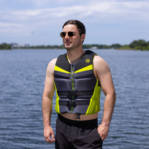 O'Brien Men's Flex V-Back 2026 life jacket worn during wakeboarding showing flexible fit and range of motion
