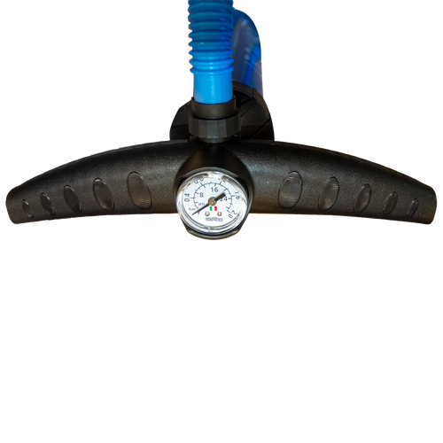 Close-up of Connelly iSUP pump pressure gauge displaying PSI and BAR measurements