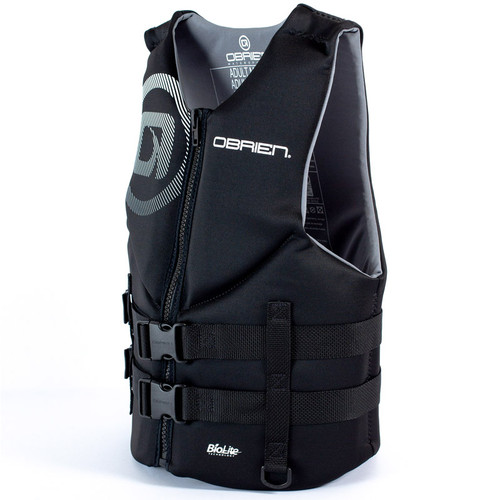 O'Brien Men's Traditional Neoprene Life Vest Black/Gray, BioLite life jacket for men, men’s USCG-approved life vest, eco-friendly neoprene alternative life jacket, lightweight water sports life jacket, PWC lanyard attachment ring life jacket, men’s water safety vest, adjustable neoprene life vest, Boater’s Outlet Utah life jackets.