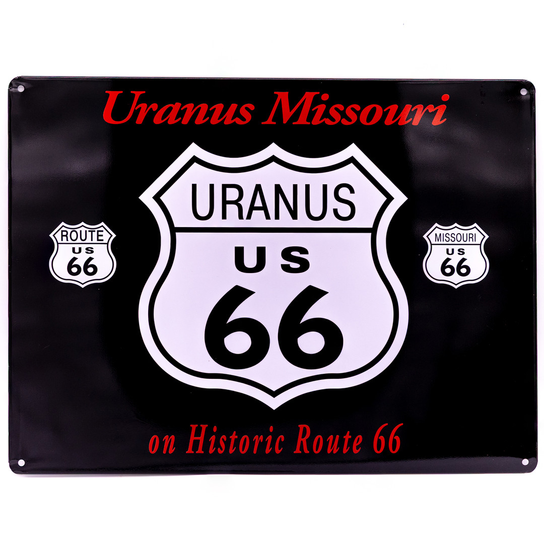 Black Uranus Metal Flag Sign that says Uranus MIssouri on Route 66 Black Uranus Metal Flag Sign that says Uranus MIssouri on Route 66