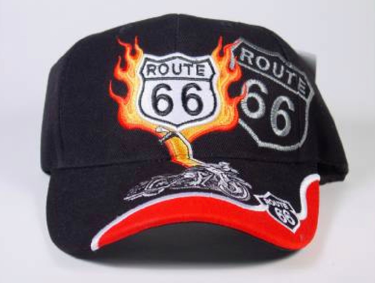 Route 66 Black Motorcycle with Flames Hat