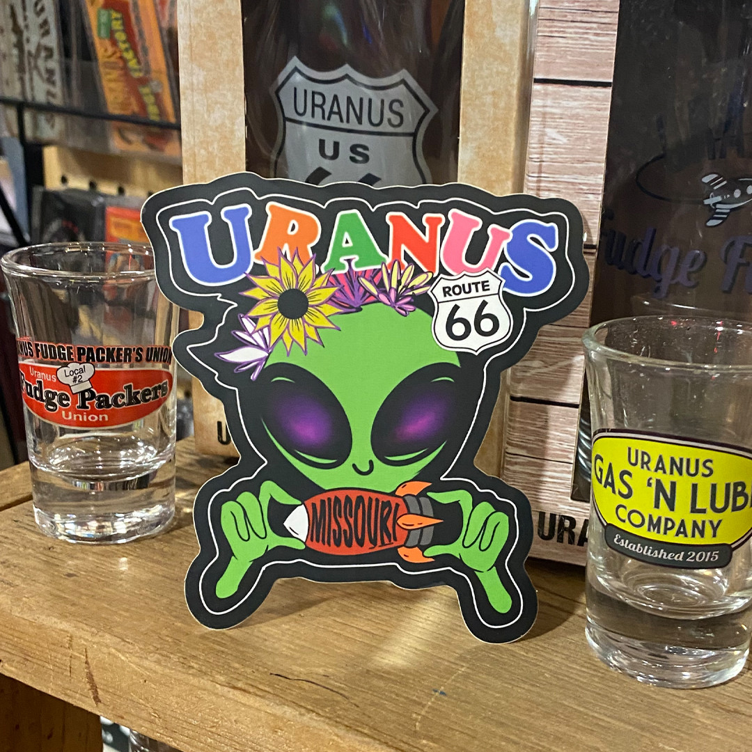 Uranus Missouri Alien Holding Rocket Sticker | Uranus Fudge Factory