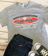 Gray Uranus Fudge Packer Union Local #2 novelty t-shirt styled with jeans.