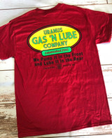 Back view of the red Uranus Gas N Lube novelty t-shirt.