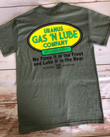 Close-up of the back logo on the green Uranus Gas N Lube t-shirt.