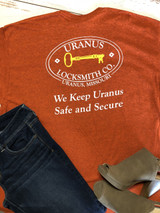 Back of orange Uranus Locksmith Co funny t-shirt from Uranus Fudge Factory