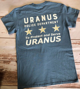Blue Uranus Police Dept novelty t-shirt laid flat from Uranus Fudge Factory