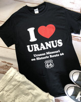 Black I Love Uranus novelty t-shirt laid flat from Uranus Fudge Factory