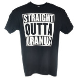 Black t-shirt displaying Straight Outta Uranus design from uranus Fudge Factory