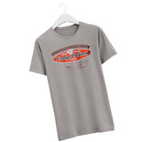 Grey t-shirt featuring the Fudge Packers Union graphic on a white hanger by Uranus Fudge Factory.