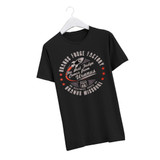 Black t-shirt featuring the original Uranus retro rocket graphic printed on a white hanger by Uranus Fudge Factory.