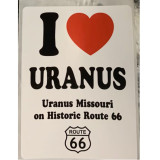Novelty sticker featuring an I Heart Uranus Route 66 graphic print from Uranus Fudge Factory.