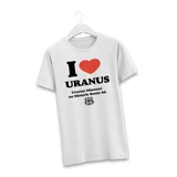 White t-shirt featuring a classic I Heart Uranus Route 66 graphic on a white hanger by Uranus Fudge Factory.
