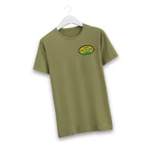 An olive green short-sleeve t-shirt displayed on a white hanger features a vintage-style yellow and green oval logo on the left chest reading "URANUS GAS 'N LUBE COMPANY."