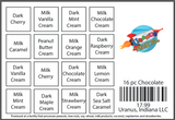 Flavor guide for the 16-piece Uranus Chocolates box, highlighting products offered by Uranus Fudge Factory and General Store.