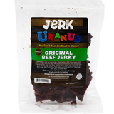 Original flavor beef jerky bag package isolated on a plain white background by Uranus Fudge Factory.