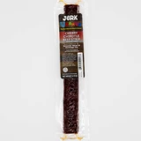 A single "Cherry Chipotle" Jerk Uranus beef strip in a clear plastic wrapper, displayed vertically against a plain white background. The label features a deep red flavor banner, the brand's colorful logo, and a detailed ingredient list for the 0.75 oz snack.