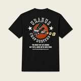The back view of the black Uranus Crop Dusters shirt, part of the exclusive apparel line at the Uranus Fudge Factory.