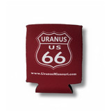 Maroon beverage koolie with a white Route 66 highway shield design reading “Uranus US 66” and the website www.UranusMissouri.com printed below.