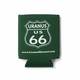 Green beverage koozie featuring a white Route 66–style highway shield that reads “Uranus US 66” and the website www.UranusMissouri.com printed below.