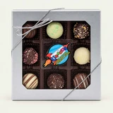 Uranus Fudge Factory 9-piece assorted chocolate truffle gift box with silver bow and rocket logo sticker