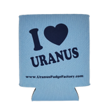 Carolina blue can koozie with the "I heart Uranus" design in navy on a black backdrop