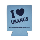 Back of light blue "I heart Uranus" can koolie with URL from Uranus Fudge Factory