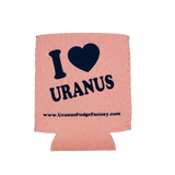 Blush pink can koolie with the "I heart Uranus" design in navy on a black backdrop