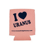 Blush pink insulated drink cooler sleeve with navy text from Uranus Fudge Factory