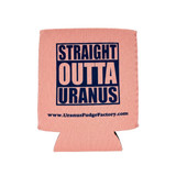 Navy "Straight Outta Uranus" design on blush pink can koolie from Uranus Fudge Factory