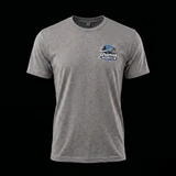 Heather gray Uranus Tire & Wheel t-shirt front view with small chest logo on the left side