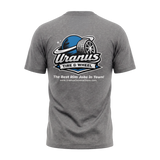 Heather gray Uranus Tire & Wheel t-shirt flat lay back showing full logo and tagline