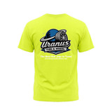 Safety yellow Uranus Tire & Wheel t-shirt back view with full logo and "The Best Rim Jobs In Town!" tagline