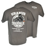 Uranus Trucking Co. T-Shirt in gray showing designs on front and back.